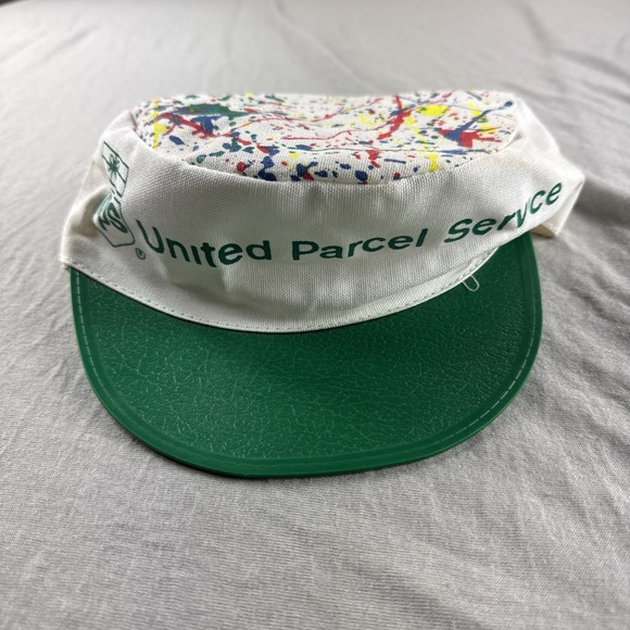 United Parcel Service Hat Green Paint Splatter Vintage 80s 90s UPS Worker Retro